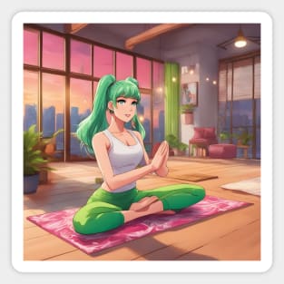 Anime girl with green hair is sitting on a pink yoga mat Magnet